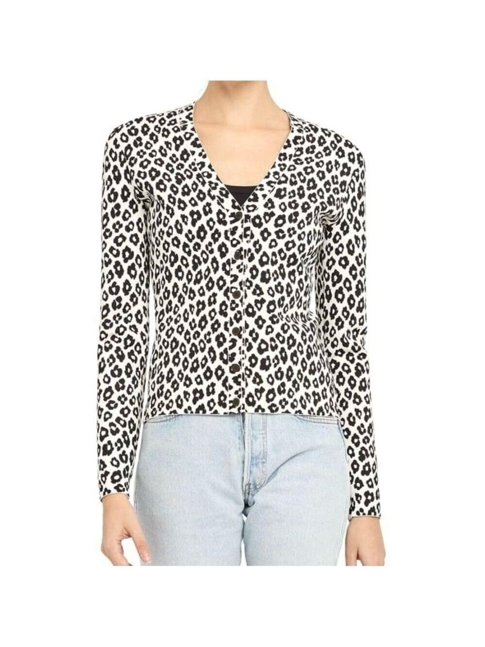 THEORY Leopard-Print Button-Front Cardigan Small Black And Ivory
